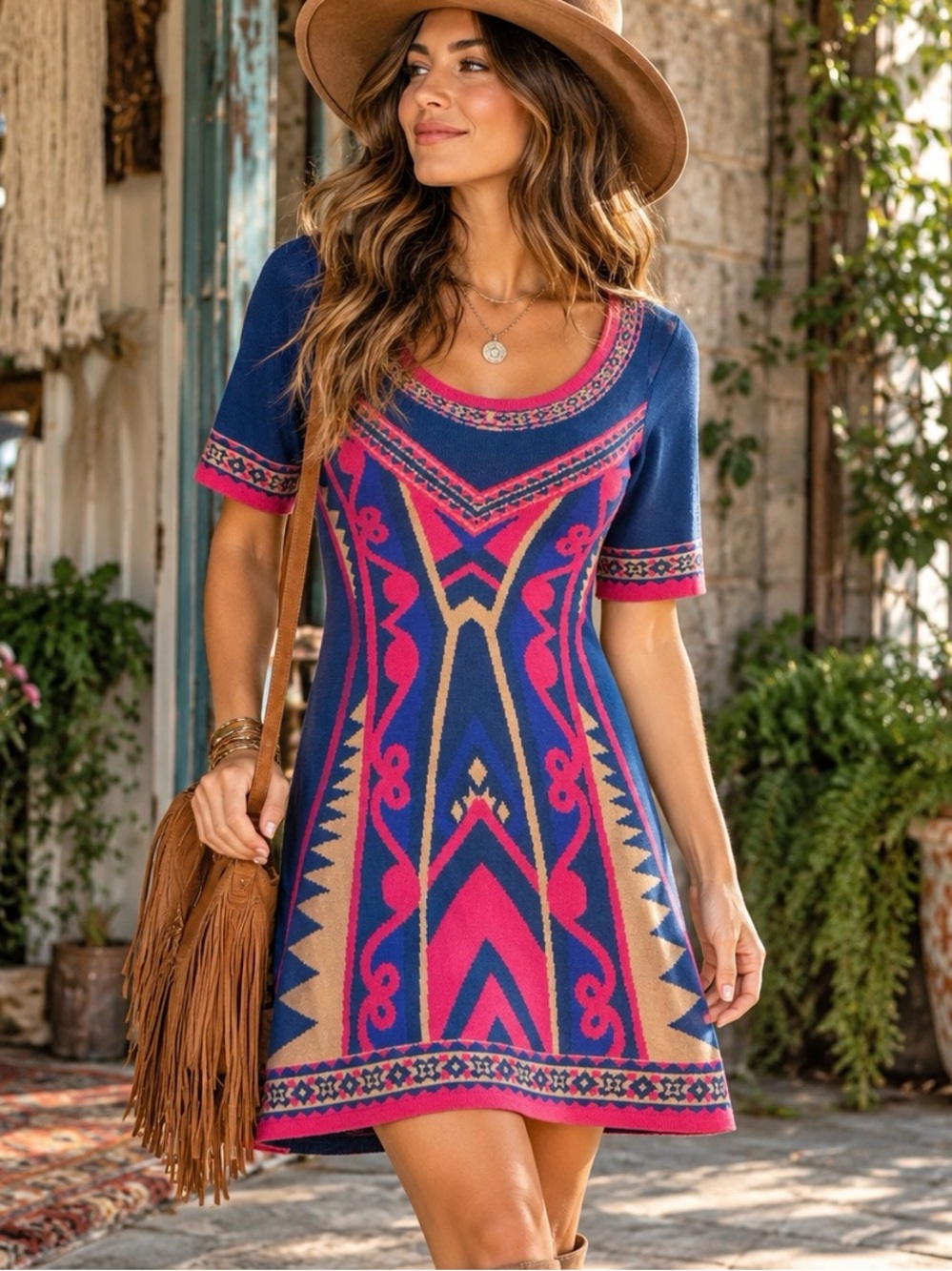 Flying Tomato L Sweater Dress Blue Pink Geometric Boho Knit Fit Flare Festival